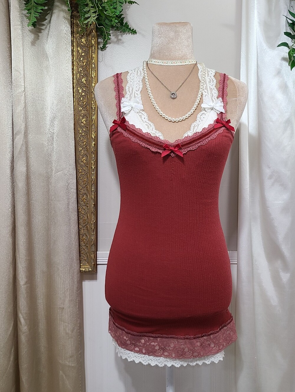 ♡ Y2K ♡ Abercrombie & Fitch Brick Red Lace Babydoll Cami Satin Bow Tank Top